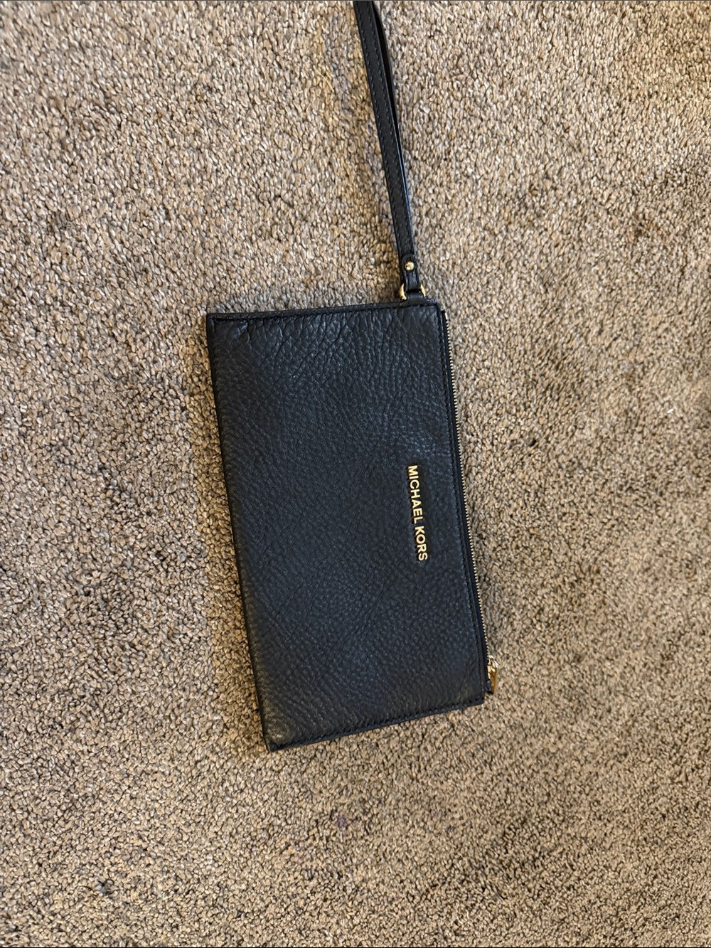 Michael Kors Black Pebbled Leather Zip Wristlet with Gold Logo